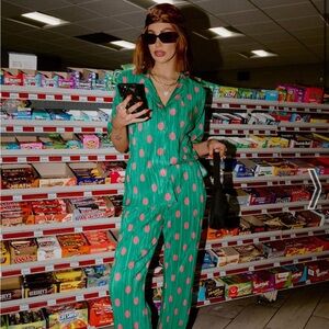 Dressed in LALA Green and Pink Button Down shirt and pants set